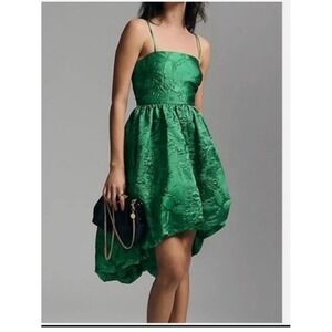 Anthropologie Green Jacquard High Low Bubble Hem Cocktail Dress Size 0 Floral
